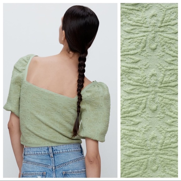 NWT. Zara Green Cropped Jacquard Top. Size M. - Picture 7 of 10